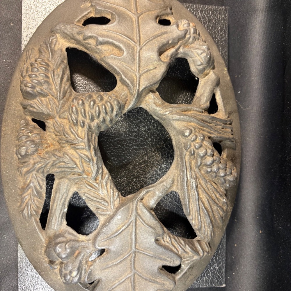 Antique Cast Iron Stove Steamer Lid Pheasant Pinecone Motif Cover